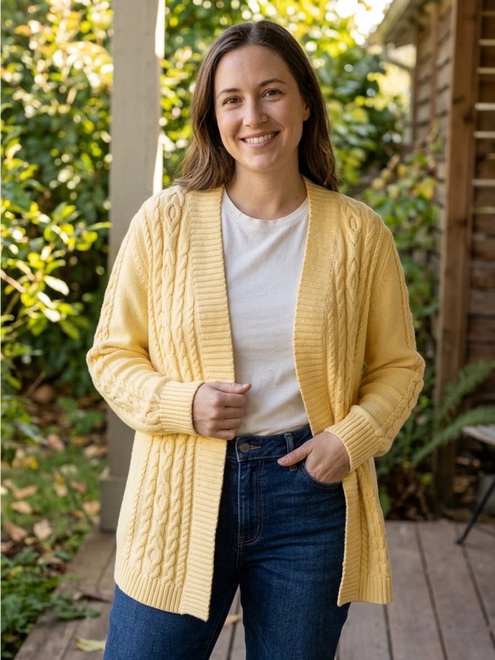 LL Bean Yellow Cable Knit Cardigan XL Open Front 100% Cotton Sweater Preppy